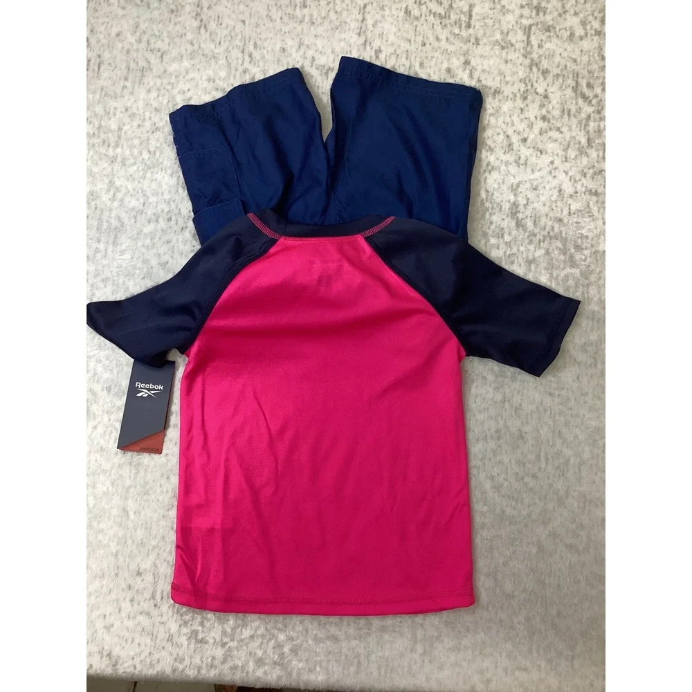Reebok Boys 2 Piece Swim Set Rash Guard Shorts Laser Pink‎ Navy Blue Size 6